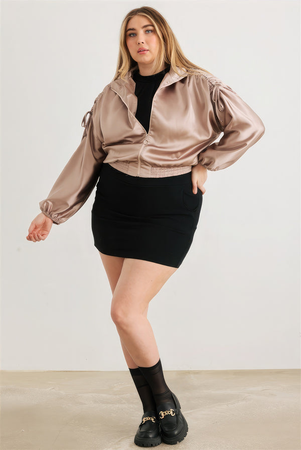 Plus Size Jacket Womens Fashion Satin Zip-up Ruched Long Sleeve Cropped Bomber Jacket