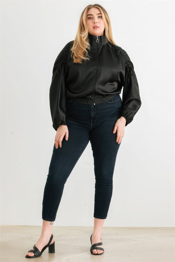 Black Plus Size Jacket Women's Fashion Satin Zip-up Ruched Long Sleeve Cropped Bomber Jacket