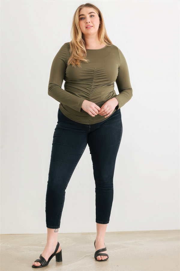 Olive Green Blouse Plus Size Women's Fashion Ruched Long Sleeve T Shirt