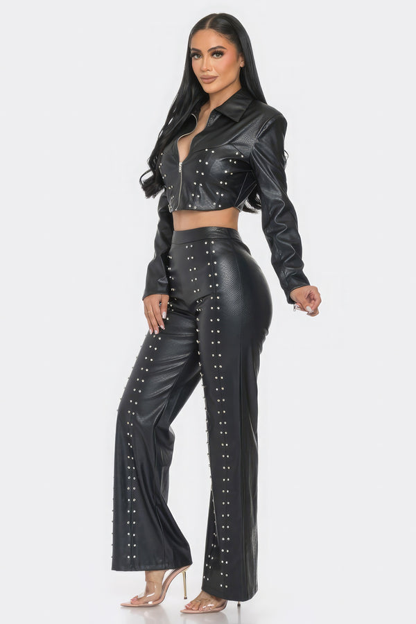 Matching Outfit Set Faux Black Leather Pants and Leather Cropped Top Jacket With Rhinestone Detail Women's Fashion Sets KESLEY