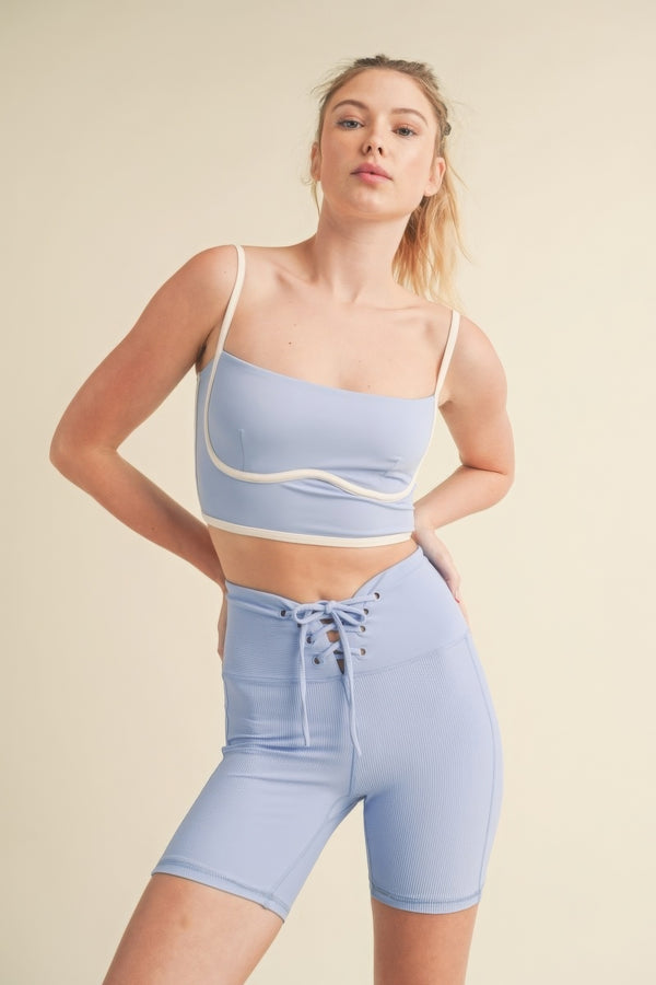 Blue Crop Top Sculpting Bra Tank Spaghetti Sleeve Sexy Comfortable Stretchy Shirt - Yoga Top Nylon and Spandex Activewear