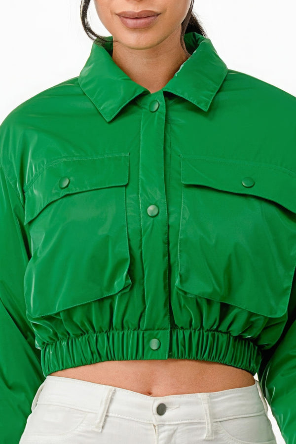 Green Shiny Puffer Bomber Cropped Jacket Light Fashion Coat