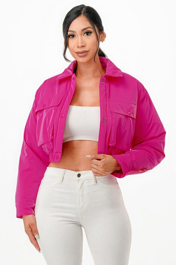 Pink Shiny Puffer Bomber Cropped Jacket Ladies Fashion Coats New Womens Fashion