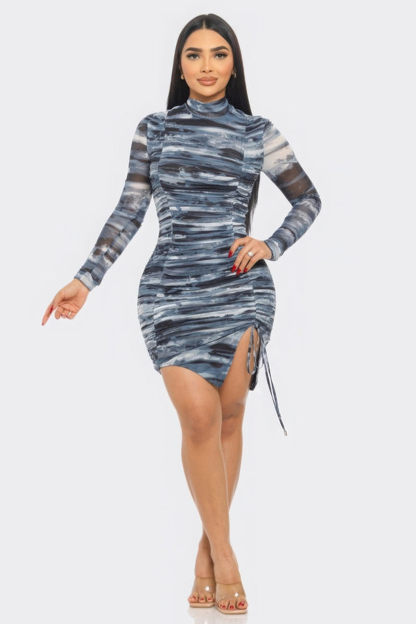 Blue Mesh Mini Dress Women's Mesh Long Sleeve Mock Neck Tight Short Dress with Slit