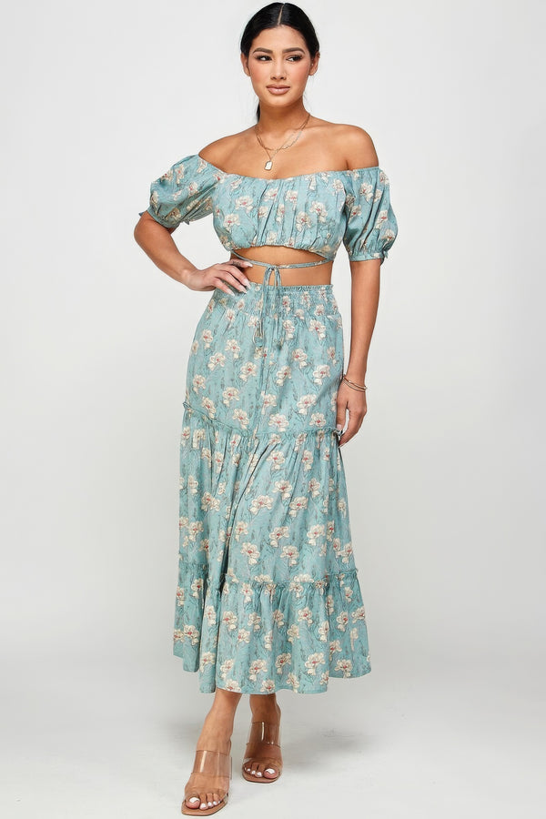 crop top and skirt fashion matching set,  fashion set, two piece outfit sets, two piece fashion set, maxi skirts, floral top, crop top shirt, casual clothes, vacation outfit ideas, fashion 2024, fashion 2025, tik tok fashion, nice clothes, outfit ideas, off the shoulder floral top, off the shoulder crop top, trending fashion, cheap clothes, nice clothes for cheap, kesley boutique , ruffle skirt
