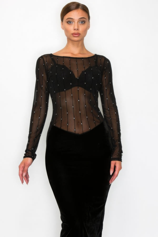 Black Velvet Sheer Contrast Long Sleeve Mesh Midi Dress Women's fashion Evening Dress