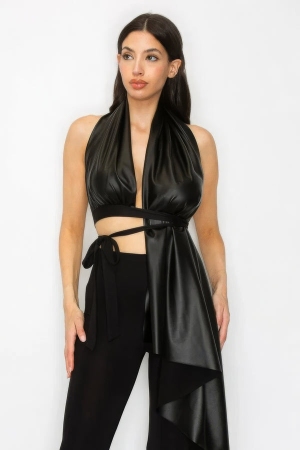 Faux Leather Crop Top Pants Set Matching Outfit Set Women's Sexy Backless Blouse and Pants Two Piece Set  KESLEY
