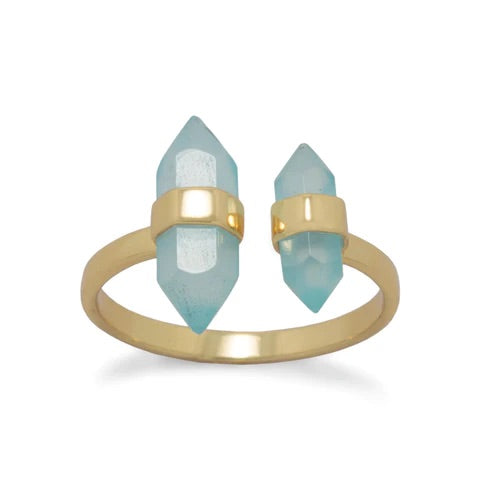 chalcedony gemstone adjustable ring 14k gold plated .925 sterling silver waterproof dainty ring with blue crystals, designer, luxury, unique adjustable rings Kelsey Boutique 