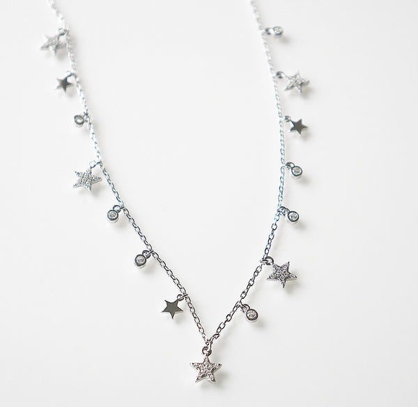 Star Charm Choker Necklace, .925 Sterling Silver Diamond CZ Hypoallergenic Waterproof Short Necklace