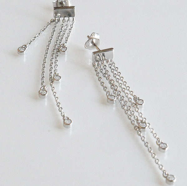 Chain Fringe Bubble CZ Sparkle .925 Sterling Silver Earrings
