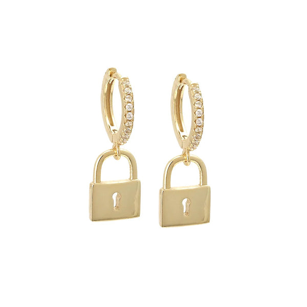Gold lock earrings with hoops and diamond cz Kesley lock Earrings lock charm gold earrings for men and for women Kesley Boutique Shopping in Miami, jewelry store in Miami cute jewelry store in Miami Birthday Gifts for daughter, earrings for men