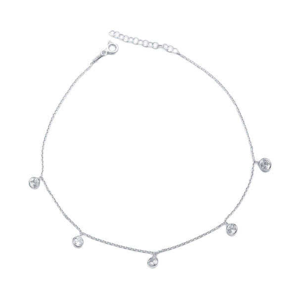 Cute Silver anklet with diamond charms  cubic zirconia zircon .925 sterling silver waterproof anklet for beach weddings and birthdays vacation jewelry that will not turn green, shopping in Brickell, cute jewelry store. Trending jewelry on instagram and reels Kesley Boutique 