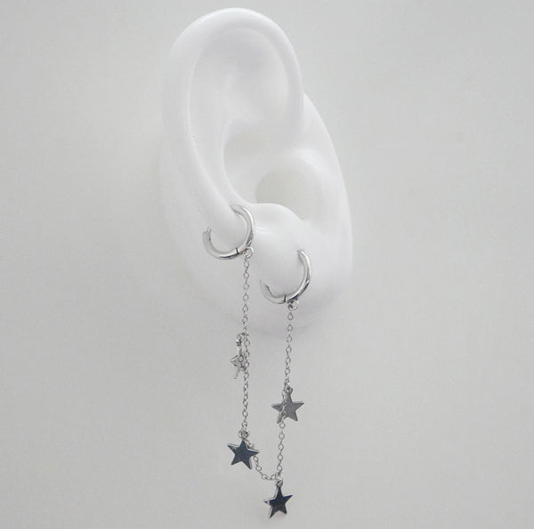 Star earrings with chain, Two earrings for the same ear, two small hoop earrings with stars hanging .925 sterling silver star earrings hoop huggies for men and women popular jewelry store in Miami, Jewelry store in brickell, cute jewelry, birthday gift ideas, jewelry for instagram, reels and TikTok, Christmas gifts, earrings for multiple piercings earrings for cartilage piercing 