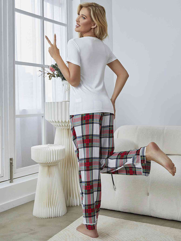Women's V-Neck Tee and Plaid Pants Lounge Set Pajamas