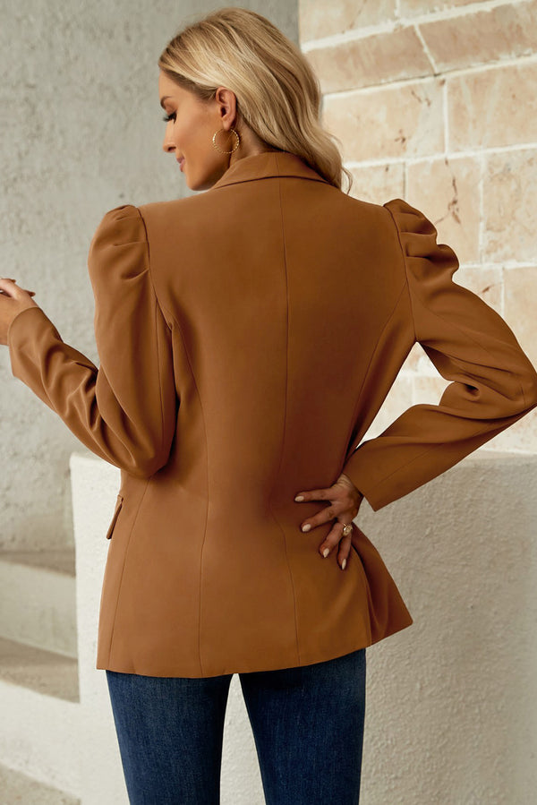 Women’s Blazer Puff Sleeve Shawl Collar Brown Jacket Casual Work Clothes