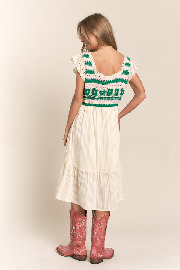 KESLEY Ruffle Hem Midi Crochet Dress Women's Fashion Casual Boho  Short Sleeve Dress