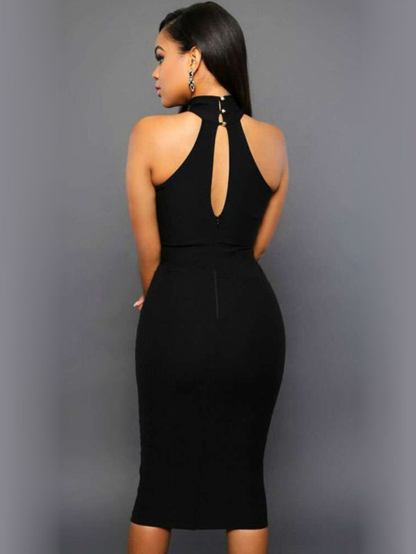Black Mock Neck Halter Sheer Plunging Neckline Midi Dress New Women's Fashion  Cutout Grecian Neck Dress KESLEY