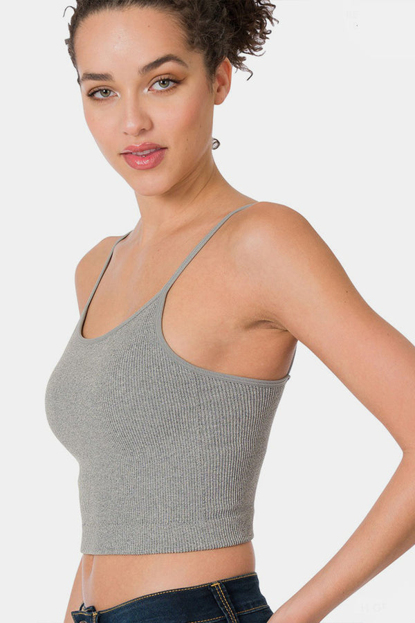 Women's Basics Ribbed Seamless Spaghetti Sleeves Cropped Cami with Bra Pads