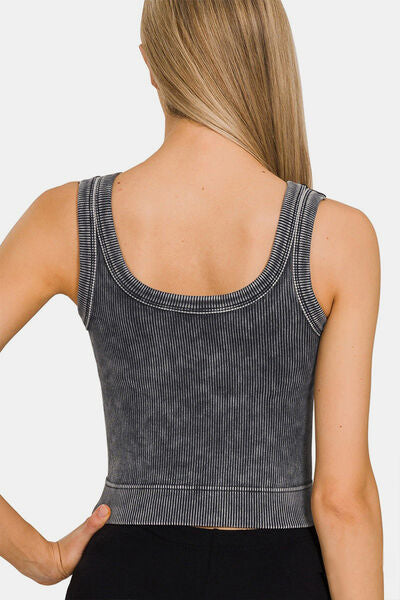 KESLEY Yoga Top Washed Scoop Neck Wide Strap Tank Top, Womens Active Sport Top Nylon and Spandex Fast Dry