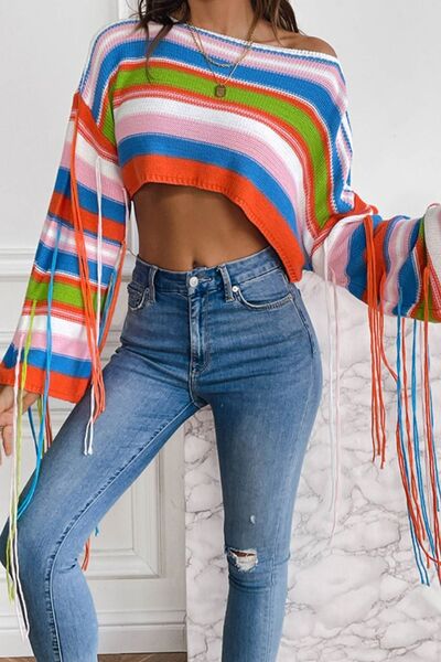 Crop Top Fringe Striped Round Neck Long Sleeve Knit Cropped Sweater