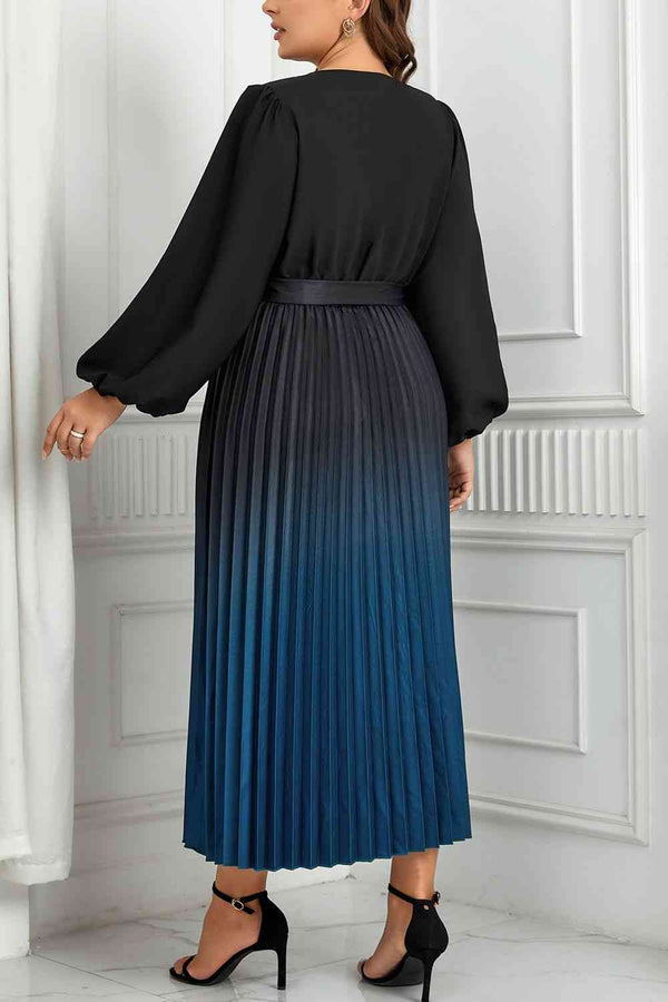 Womens Plus Size Dress Black and Blue  V-Neck Long Sleeve Pleated Tie Waist Midi Dress