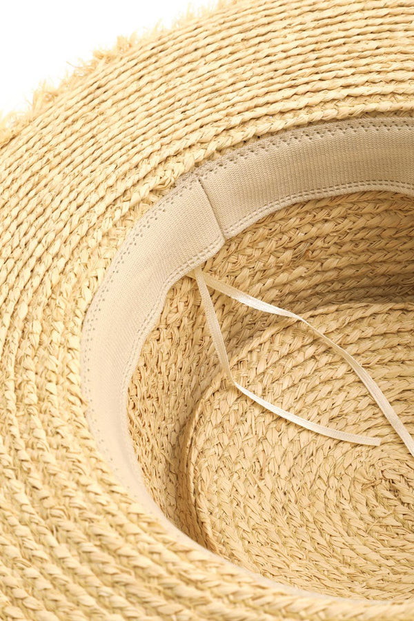 Beach Hat Adjustable Strap Raw Hem Weave Hat