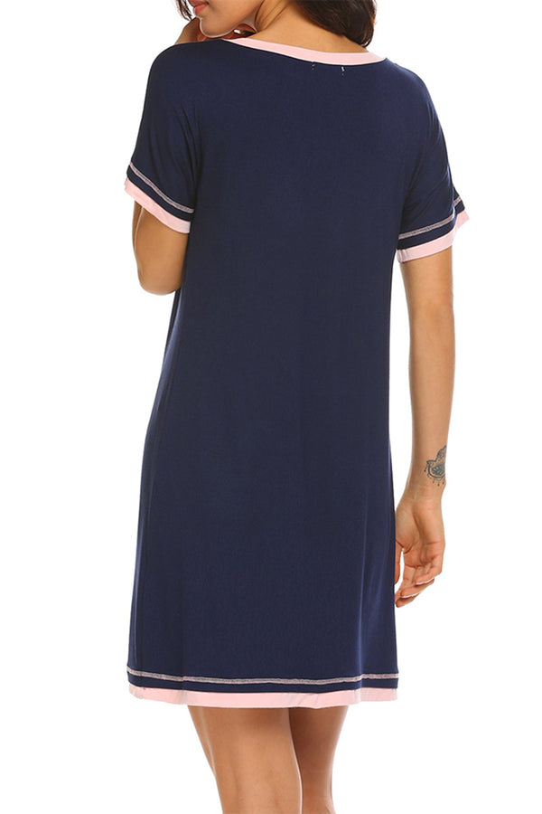 Pajama Dress Contrast Trim Short Sleeve Lounge Dress