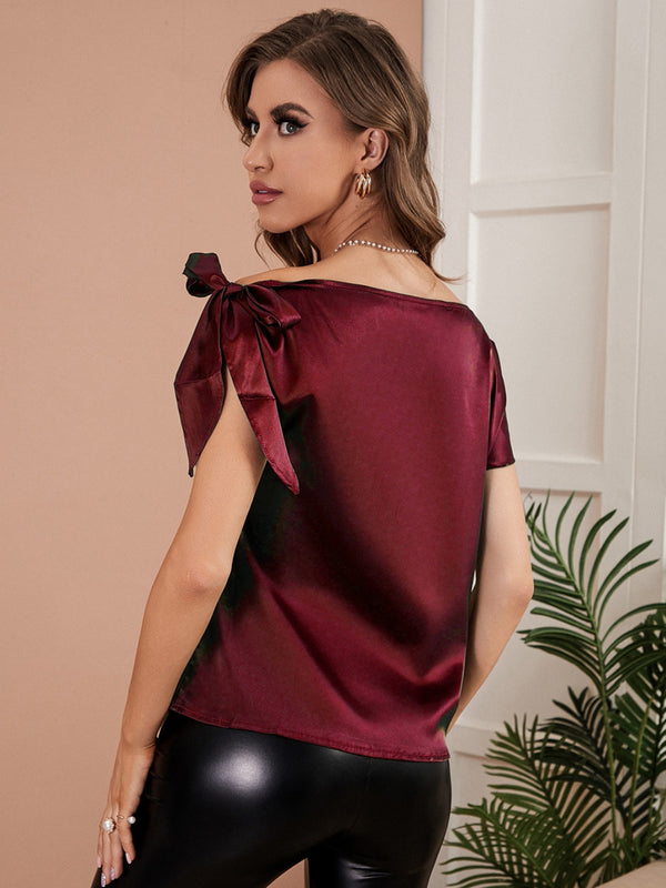 Red Satin Shirt Women's Off The Shoulder Tied Sleeve Short Sleeve Blouse