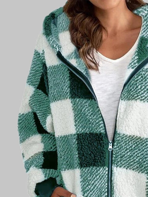 Checkered Plaid Zip-Up Hooded Jacket with Pockets
