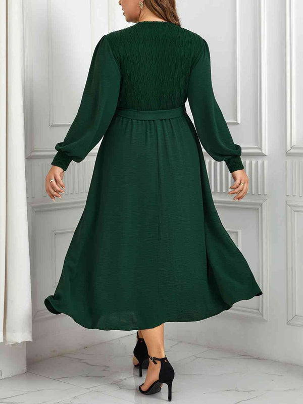 Plus Size Dress Green Surplice Neck Tie Waist Long Sleeve Midi Dress Casual Wear and Workwear