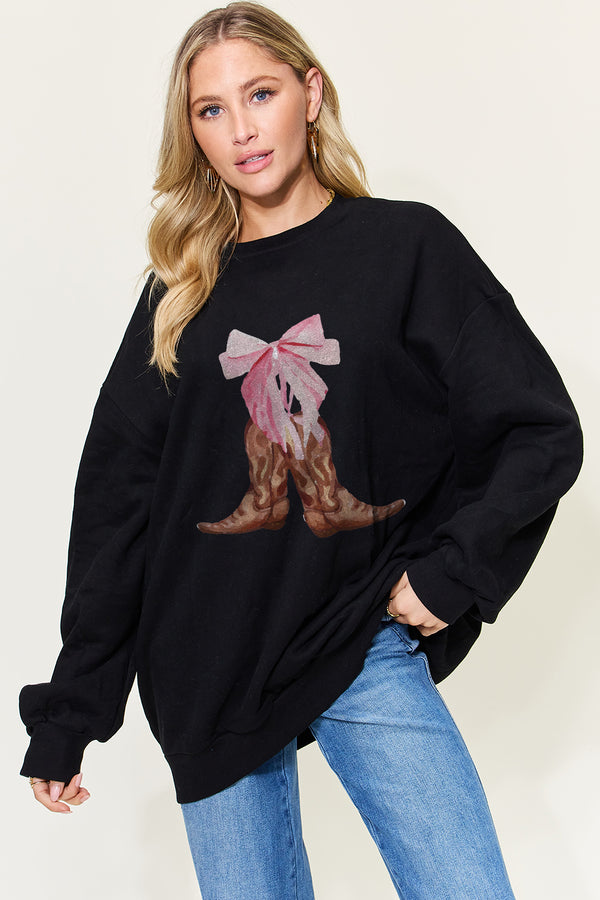 Fashion Sweater  Cowboy Boots with a Pink Bow Design Graphic Long Sleeve Sweatshirt Made in USA