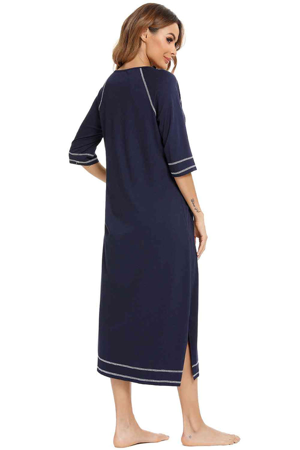 Womens Pajama dress Zip Up Slit Round Neck Night Dress with Pockets Loungewear