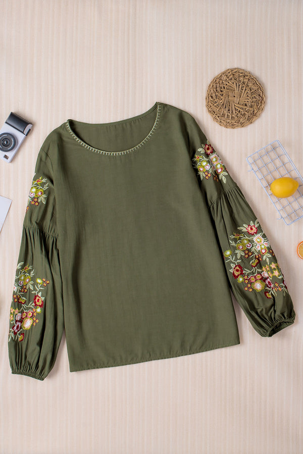 Women's Olive Green Shirt Boho Embroidered Round Neck Balloon Sleeve T-Shirt
