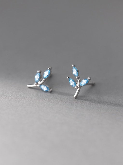 Blue Leaf Diamond CZ .925 Sterling Silver 18K Gold Plated Hypoallergenic Waterproof Stud Earrings