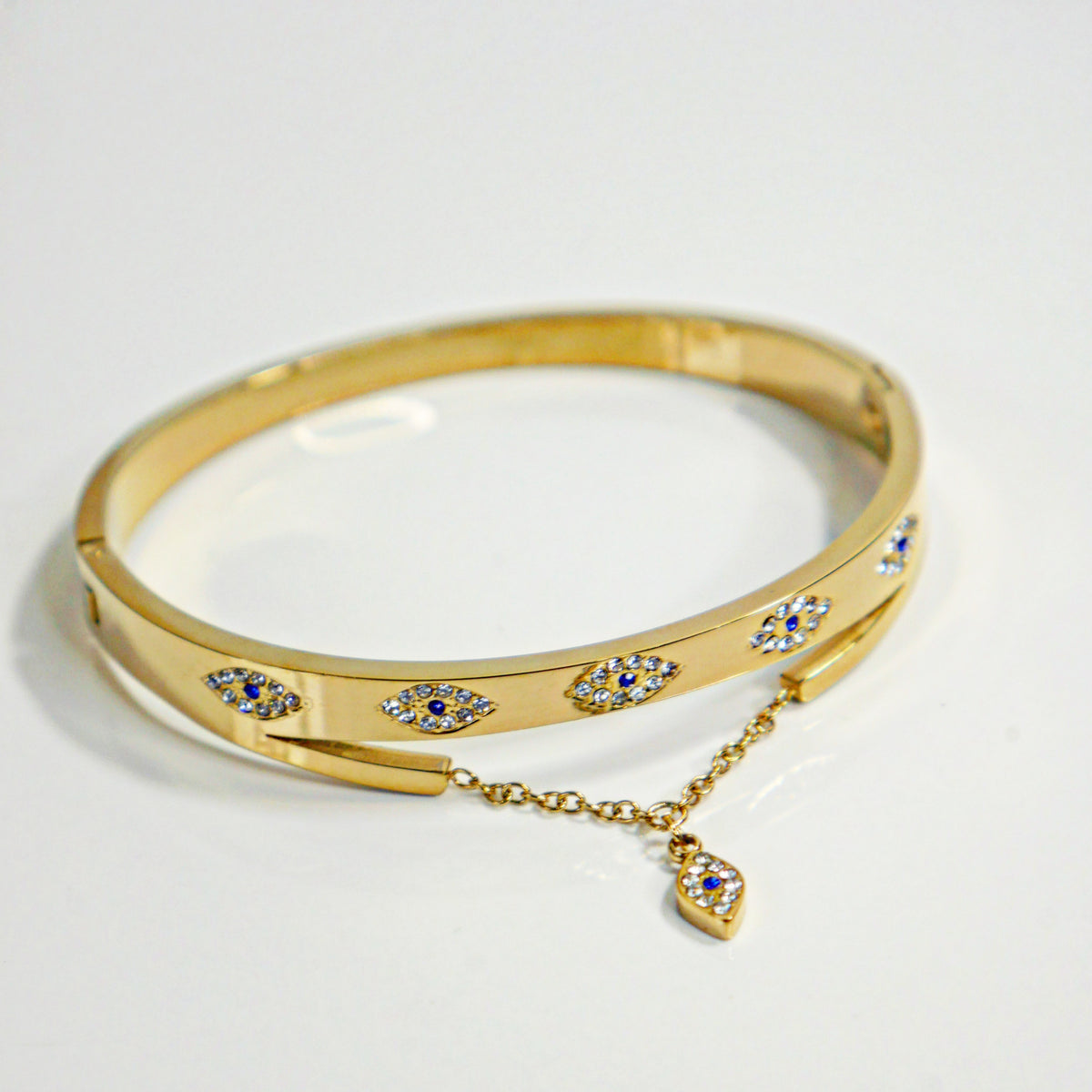 Evil Eye Bracelet, 18k gold plated stainless steel CZ Lucky Eye Dropdown Charm Bangle Bracelet