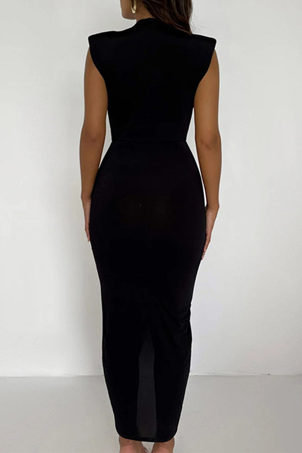 Black Slit Plunge Sleeveless Maxi Dress Women's Fashion Deep V Neckline Midi Dress KESLEY