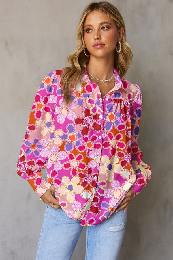 Pink Floral Printed Collared Neck Long Sleeve Shirt Women’s Fashion