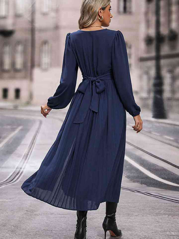 Womens Fashion Chiffon Dress Navy Blue V-Neck Long Sleeve Pleated Slit Dress Workwear and Casual