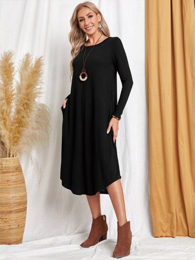 Women's Casual Maxi T-Shirt Dress With Pockets Loungewear Fashion Pocketed Round Neck Long Sleeve Tee Dress