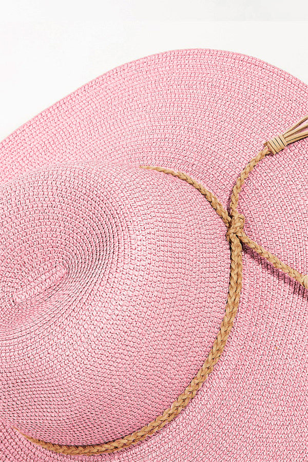 Pink Sun Hat Fame Straw Braided Rope Strap Fedora Hat
