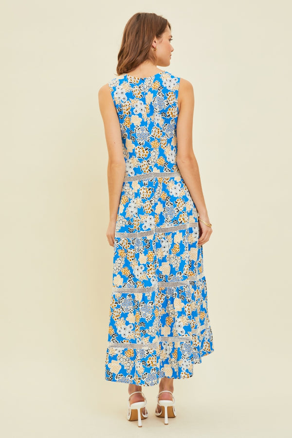 Floral Printed Blue Crochet Trim Maxi Dress Petite and Plus Size Fashion Casual Sleeveless  Dress