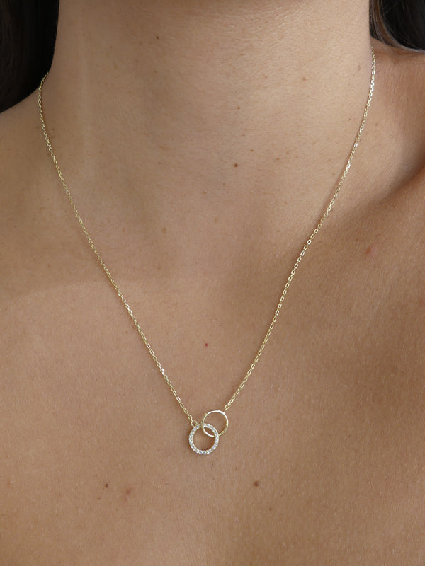 Necklaces, Gold plated necklaces, circle love necklace 14k gold plated sterling silver dainty waterproof circle love necklace cubic zirconia. Gift ideas. Friendship necklaces, love necklace, interlock circle necklace, rhinestone necklaces, anniversary necklaces Kesley Boutique