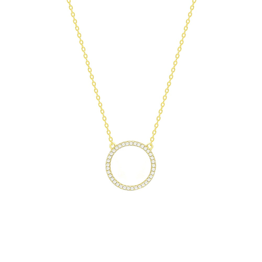 Circle necklace gold plated sterling silver with rhinestone diamond cz cubic zirconia waterproof. Dainty necklaces that wont turn green. Cute, trending, waterproof necklaces for everyday. cute, dainty, popular, top necklaces for 2023 by Kesley Boutique