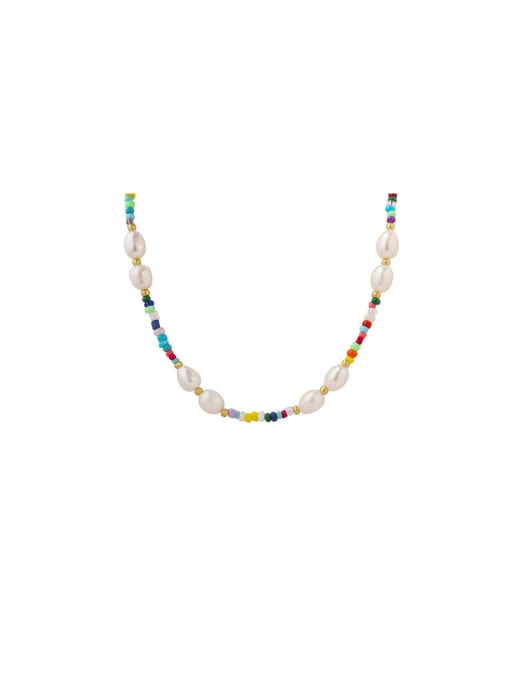 Pearl Colorful Bead Necklace, 18k Gold Plated Stainless Steel Waterproof Short Unisex Necklace