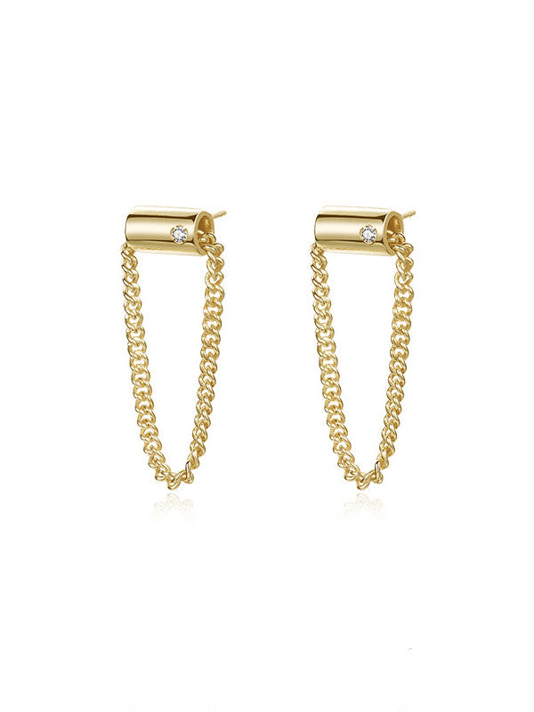 unisex earrings, gold plated sterling silver .925 hypoallergenic, dangling earrings, light weight, everyday dainty earrings with chain, bar and chain gold earrings, diamond cz cubic zirconia simulated diamonds, streetwear, influencer fashion, trending on instagram and tiktok, popular simple plain earrings Kesley Boutique