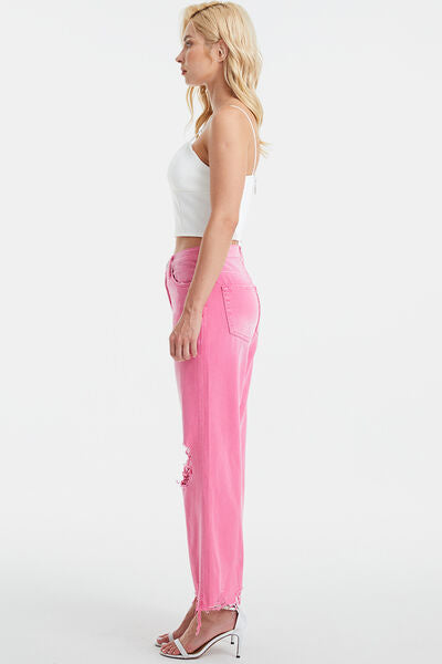 Women's High Waist Ripped Jeans Pink Denim Distressed Raw Hem 100% Cotton Premium Luxury Petite and Plus Size Jeans