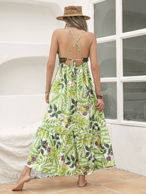 Women's Floral Dress Backless Green Printed V-Neck Crochet Cami Maxi Dress