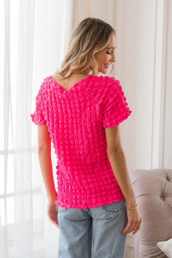 Hot Pink Blouse Bubble Textured Round Neck Short Sleeve T-Shirt