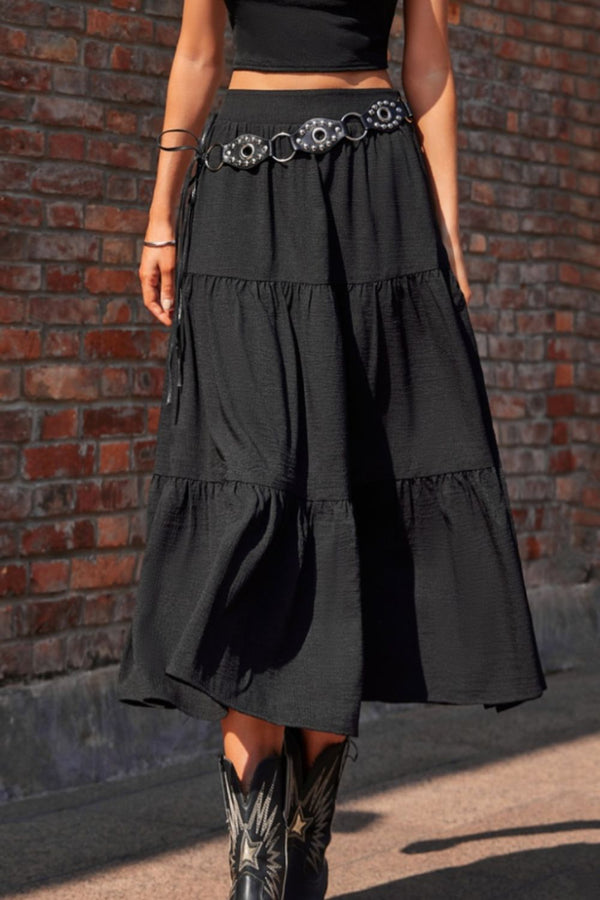 Black Skirt Ladies High Waist Loose Fit Elastic Waist Midi Skirt