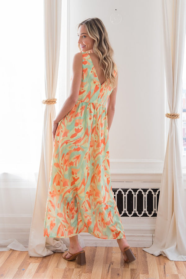 Casual Maxi Dress Women's Fashion Summer Dress  Printed V-Neck Sleeveless Dress